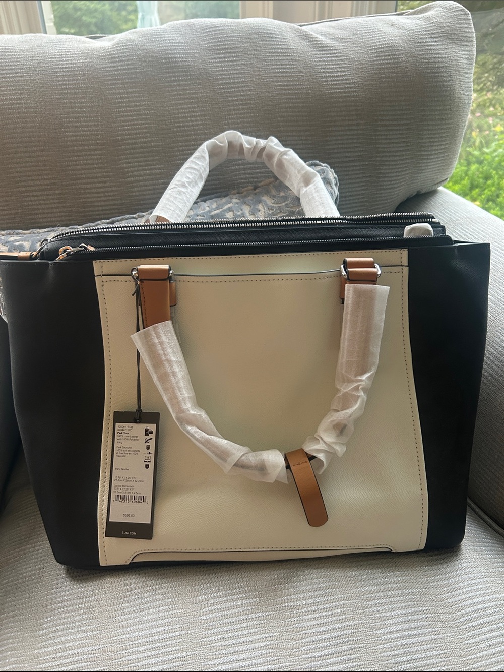 Tumi Varek Two-Tone Tote in White, Black & Tan Leather Accents